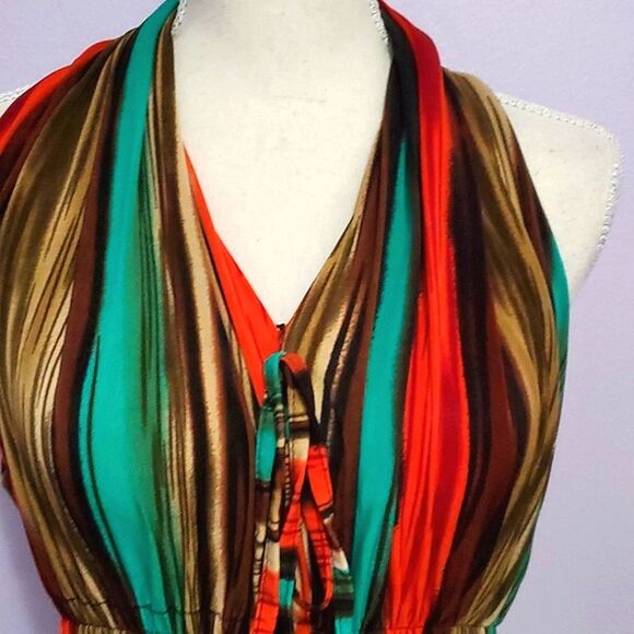 India Batik Colorful Striped High Neck Smocking Waist Jersey Maxi Dress - Picture 4 of 9